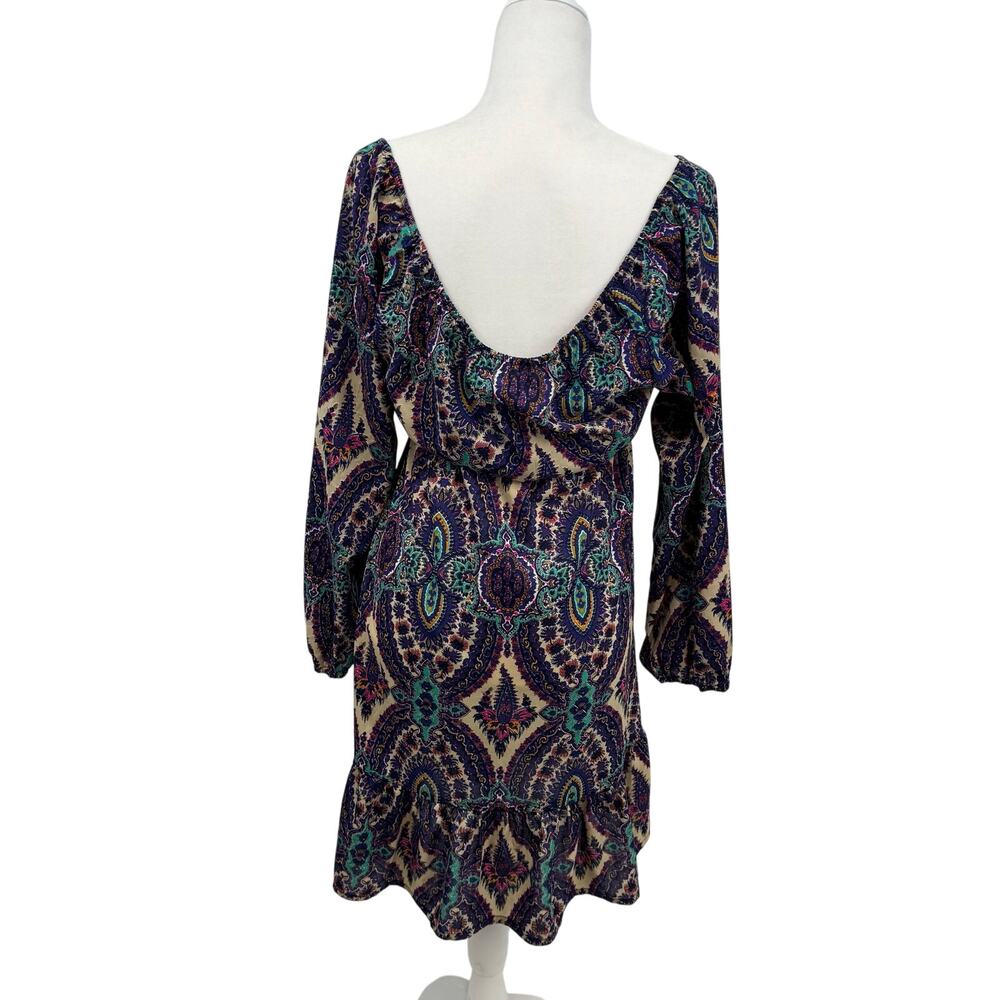 Earthbound Long Sleeve Midi Dress M Purple Paisley Y2K Tie Neck Babydoll Boho - Picture 6 of 9